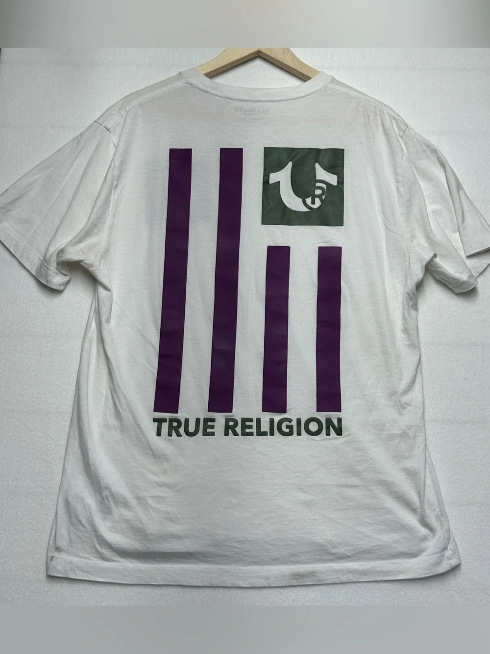 True Religion White Short-Sleeve Tee with Purple Stripes and Olive Logo